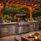 Un coin barbecue palette sous une pergola illuminée, avec un grill en inox, des rangements en pierre et une végétation luxuriante.