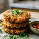 Pile de galettes de patate douce à la poêle, garnies de coriandre et d'oignons verts, servies avec une sauce piquante.