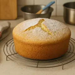 Un gâteau de Savoie bien gonflé, saupoudré de sucre glace, repose sur une grille. Une serviette à rayures rouges est à gauche.
