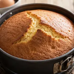 Gâteau doré dans son moule, craquelé sur le dessus. Un mystère : pourquoi mon gâteau ne gonfle pas ? Des œufs et de la farine à proximité.
