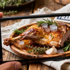 Selle d'agneau 800g rôtie, servie avec des herbes, de l'ail et des glaçons. Le temps de cuisson parfait pour ce plat savoureux.