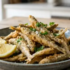 Un plat de petit poisson frit, croustillant et doré, garni de persil frais et de quartiers de citron.
