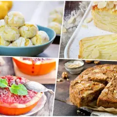 Délicieux assortiment de desserts pour un dessert de février : biscuits citronnés, gâteau aux pommes et aux amandes, pamplemousse rôti et tarte aux noix.