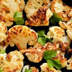 Tranches de chou-fleur rôti au four, dorées et caramélisées, garnies de persil frais dans une poêle en fonte.