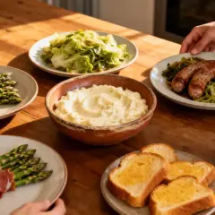 Une table dressée avec une recette gourmande salée : asperges enroulées de jambon, purée, saucisses, chou et toasts beurrés.
