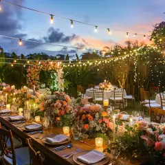 Magnifique table dressée pour un cocktail de mariage en extérieur, illuminée par des guirlandes lumineuses et des bougies.