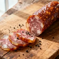 Saucisson artisanal tranché sur planche en bois, parsemé de grains de poivre. Une invitation à découvrir comment faire des saucisses maison.