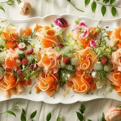 Plateau d'entrées élégantes pour une recette entrée mariage : fines tranches de poisson roulées, perles d'orange, fleurs et herbes fraîches.