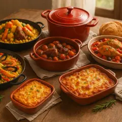 Un festin de mariage : paella, couscous, poulet chasseur, gratins et ragoût de bœuf.