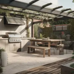 Un coin barbecue couvert, idéal pour fabriquer un espace convivial. Grill, table en bois, et végétation luxuriante créent une ambiance chaleureuse.