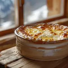 Un délicieux ramequin du Bugey, gratiné à souhait, prêt à être dégusté près d'une fenêtre avec vue sur les montagnes enneigées.