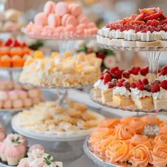 Un buffet de desserts colorés, une parfaite idée dessert mariage : macarons roses, gâteaux aux fruits rouges, et roses en crème d'orange.