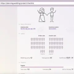 Interface de planification de mariage. La page "Checklist" affiche les préparatifs, le nombre d'invités et les tâches restantes.