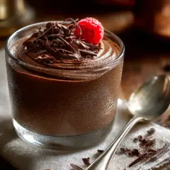 Délicieuse mousse au chocolat skyr, garnie de copeaux de chocolat et d'une framboise fraîche. Une cuillère argentée repose à côté.