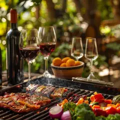 Un barbecue en plein air avec des viandes grillées, des légumes colorés et une sauce pour viande grillée barbecue. Deux bouteilles de vin rouge et des verres remplis de vin rouge complètent la scène.