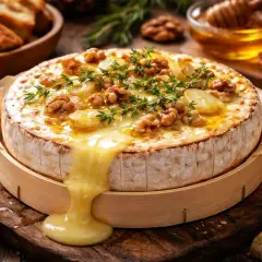 Coulommier au barbecue, fondant et garni de noix et de thym, prêt à être dégusté avec du pain grillé.