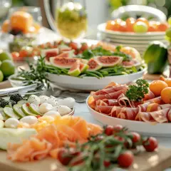 Un délicieux buffet repas en plein air avec fruits frais, charcuterie, fromages et légumes.