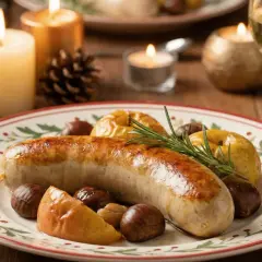 Boudin doré, pommes rôties et marrons sur une assiette festive. Le temps cuisson boudin est parfait pour ce plat d'hiver.