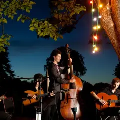 Un groupe de musique joue sous les lumières de Noël. Le contrebassiste est au centre, entouré de guitaristes. Un prix pour ce groupe de musique serait bien mérité.
