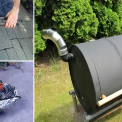 Collage de trois images : un barbecue improvisé avec des saucisses, un autre barbecue fait maison avec des saucisses sur une grille, et un grand barbecue cylindrique en métal, rappelant une jante de voiture.