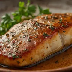 Filet de black bass poêlé, nappé d'une sauce dorée et parsemé d'herbes. Une recette simple et savoureuse.