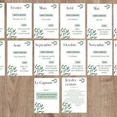 Cartes du jeu des 12 mois avec des gages et objets à trouver pour chaque mois, plus une carte gagnante.