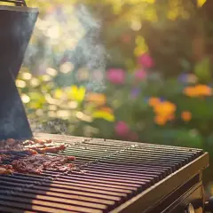 Viande fumante sur un barbecue, transformé en fumoir pour un repas en plein air.