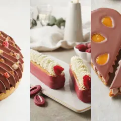 Un délicieux dessert d'août : tarte au chocolat et fruits secs, éclairs à la framboise et crème, et part de gâteau au chocolat et mangue.