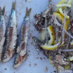 Trois sardines grillées entières à gauche, et à droite, des arêtes de poisson avec des rondelles de citron.