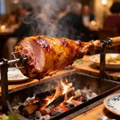 Un jambon à la broche, doré et fumant, cuit au feu de bois. Parfait pour un festin de 50 personnes.