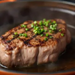 Un steak grillé, garni de ciboule, mijote dans sa sauce. Cette viande cuite hors frigo 12h semble prête à être dégustée.