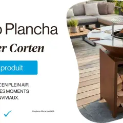 Un brasero plancha en acier Corten, parfait pour vos apéros conviviaux en plein air. Prix : 900€.