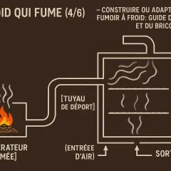 Schéma montrant comment fabriquer un fumoir avec un frigo. Un générateur de fumée alimente un caisson par un tuyau.