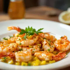 Délicieuse présentation de crevettes grillées, garnies de persil frais et de dés de mangue, sur une assiette blanche.