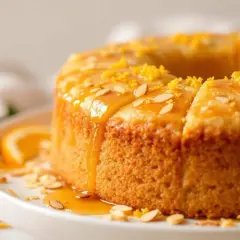 Gâteau semoule orange moelleux, nappé d'un glaçage doré, parsemé d'amandes effilées et de zestes d'orange.
