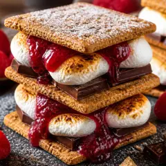 Un délicieux dessert Mars : des s'mores empilés avec guimauves grillées, chocolat fondant, coulis de framboise et biscuits craquants.
