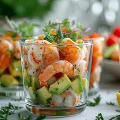 Verrines avocat crevettes, un délice frais et coloré. Des crevettes juteuses et des dés d'avocat crémeux, parfaits pour un apéritif léger.