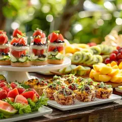 Un apéritif mariage simple et coloré : verrines de fruits frais, brochettes de fruits, mini-quiches et plateau de fruits variés.