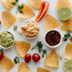 Chips de maïs avec guacamole, salsa et une sauce crémeuse. Des ingrédients frais pour remplacer la mayonnaise dans vos recettes.