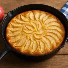 Un délicieux gâteau léger aux pommes à la poêle, joliment décoré de quartiers de pommes, prêt à être dégusté. Une pomme rouge à côté et une serviette à carreaux bleus complètent la scène.