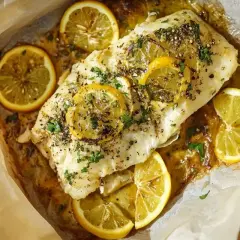Un délicieux lieu en papillote, parsemé de rondelles de citron et d'herbes fraîches, cuit à la perfection dans du papier sulfurisé.