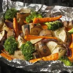 Légumes variés (pommes de terre, carottes, brocolis, oignons rouges) cuits en papillote sur un barbecue, prêts à être dégustés.
