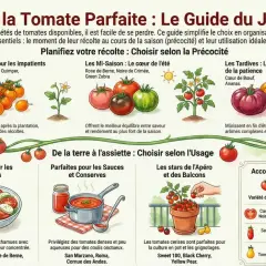 Guide du jardinier pour choisir la tomate parfaite. Il présente les variétés précoces, mi-saison et tardives, ainsi que leur usage idéal : salades, sauces, conserves, apéro. Une recette tomate est suggérée.