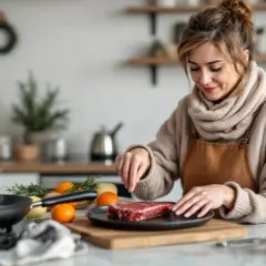 Une femme prépare un steak dans sa cuisine. Elle assaisonne la viande, se demandant s'il faut sortir la viande du frigo avant cuisson pour un meilleur résultat.