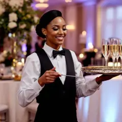 Serveuse souriante portant un plateau de coupes de champagne. Idéal pour un mariage, découvrez le serveur pour mariage tarif.