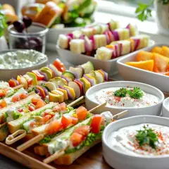 Un délicieux apéro dinatoire pour un mariage : mini sandwichs, brochettes de légumes colorés et dips crémeux.