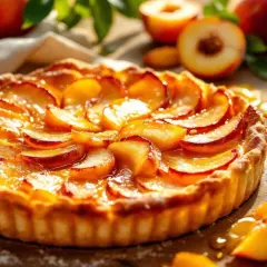 Une tarte croustillante aux pêches, dorée et appétissante, baignant dans un jus sucré. Des pêches fraîches et un miel doré complètent ce délice.