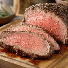 Un rôti de bœuf juteux, tranché sur une planche en bois. J'ai oublié de mettre la viande au frigo, mais elle a l'air délicieuse !
