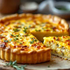 Une quiche aux sardines dorée, garnie d'herbes fraîches, avec une part coupée pour révéler sa texture crémeuse. Un délice à savourer.