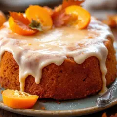 Un délicieux gâteau au kaki, nappé d'un glaçage crémeux et garni de fruits frais et de feuilles d'automne. Parfait pour une pause gourmande.